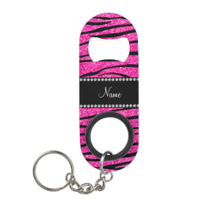 Custom name neon hot pink glitter zebra stripes keychain bottle opener