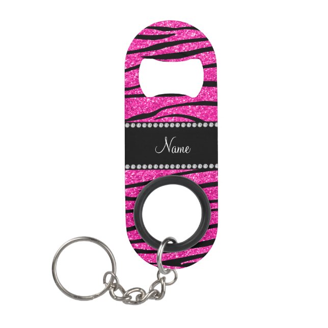 Custom name neon hot pink glitter zebra stripes keychain bottle opener (Front)