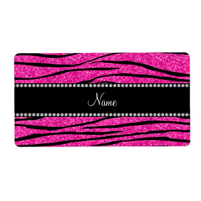 Custom name neon hot pink glitter zebra stripes label (Front)