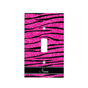Custom name neon hot pink glitter zebra stripes light switch cover
