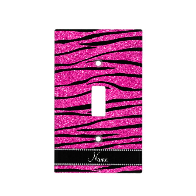 Custom name neon hot pink glitter zebra stripes light switch cover (Front)