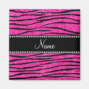 Custom name neon hot pink glitter zebra stripes magnet