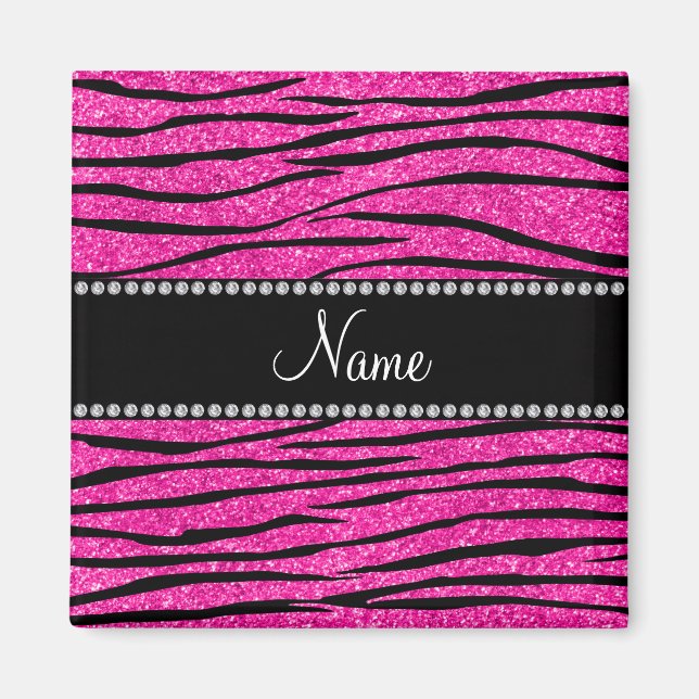 Custom name neon hot pink glitter zebra stripes magnet (Front)