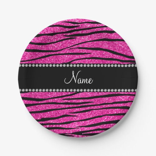 Custom name neon hot pink glitter zebra stripes paper plates