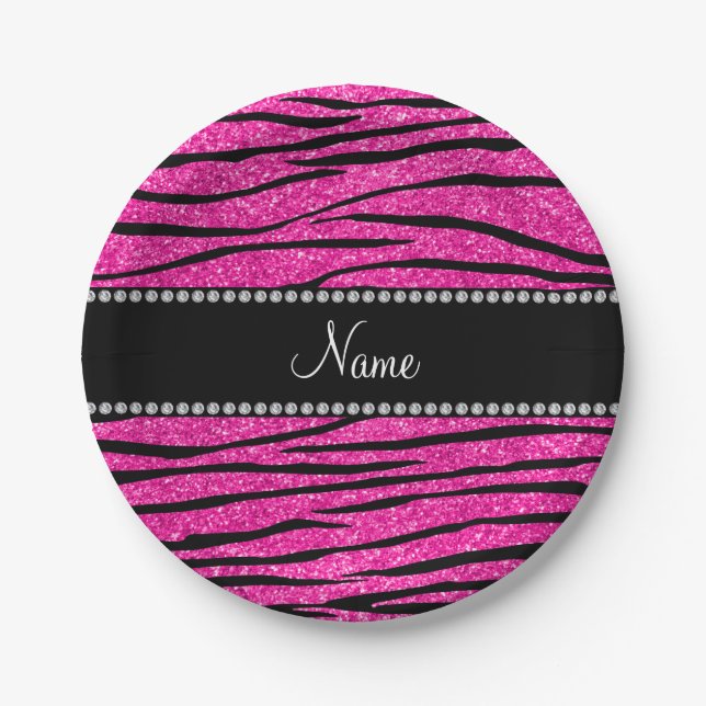 Custom name neon hot pink glitter zebra stripes paper plates (Front)