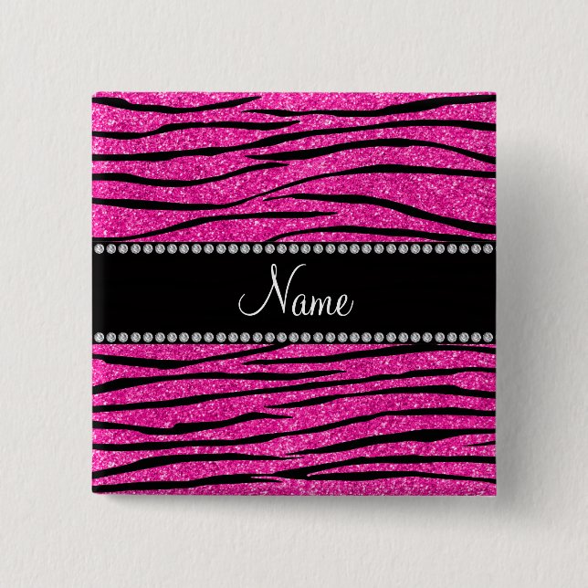 Custom name neon hot pink glitter zebra stripes pinback button (Front)