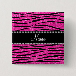 Custom name neon hot pink glitter zebra stripes pinback button