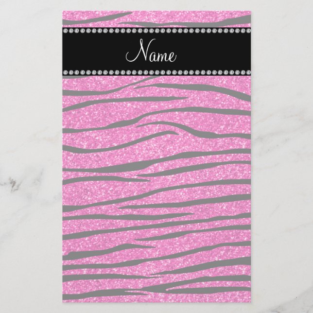 Custom name neon hot pink glitter zebra stripes stationery (Front)