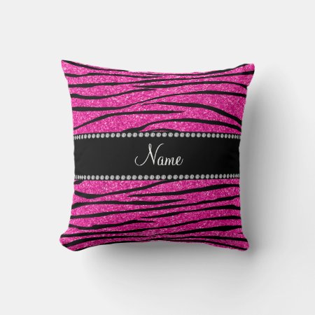 Custom Name Neon Hot Pink Glitter Zebra Stripes Throw Pillow