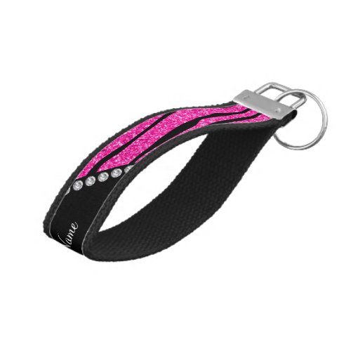 Custom name neon hot pink glitter zebra stripes wrist keychain