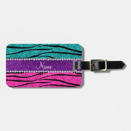 Custom name neon hot pink turquoise zebra stripes luggage tag