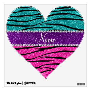 Custom name neon hot pink turquoise zebra stripes wall decal