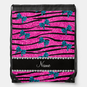 Custom name neon hot pink zebra stripes blue bows drawstring bag