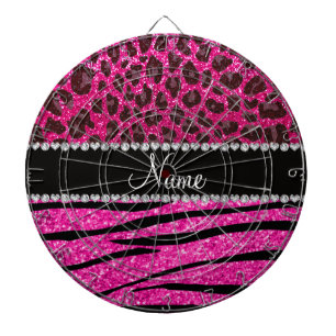 Custom name neon hot pink zebra stripes leopard dartboard with darts