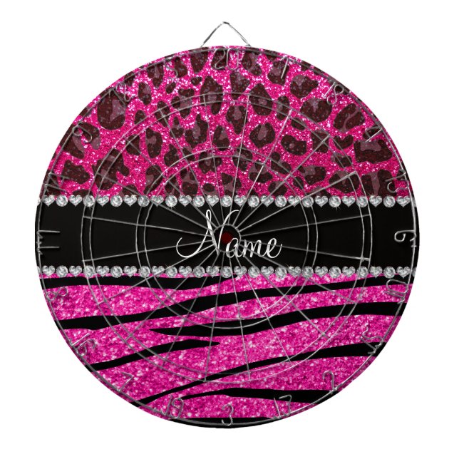 Custom name neon hot pink zebra stripes leopard dartboard with darts (Front)