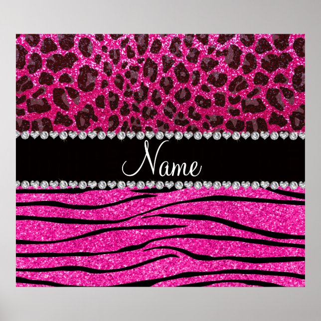 Custom name neon hot pink zebra stripes leopard poster (Front)