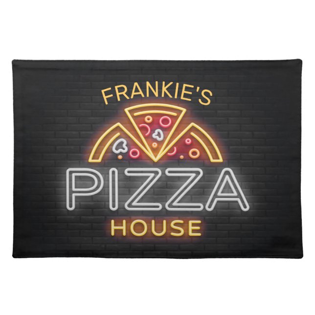 Custom NAME Neon Italian Pizzeria Pizza House Cloth Placemat (Front)
