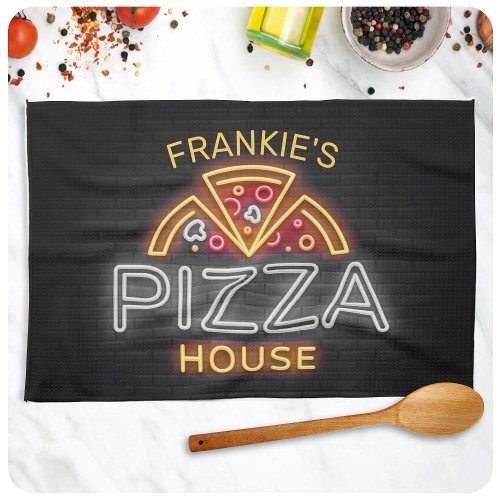 Custom NAME Neon Italian Pizzeria Pizza House Kitchen Towel