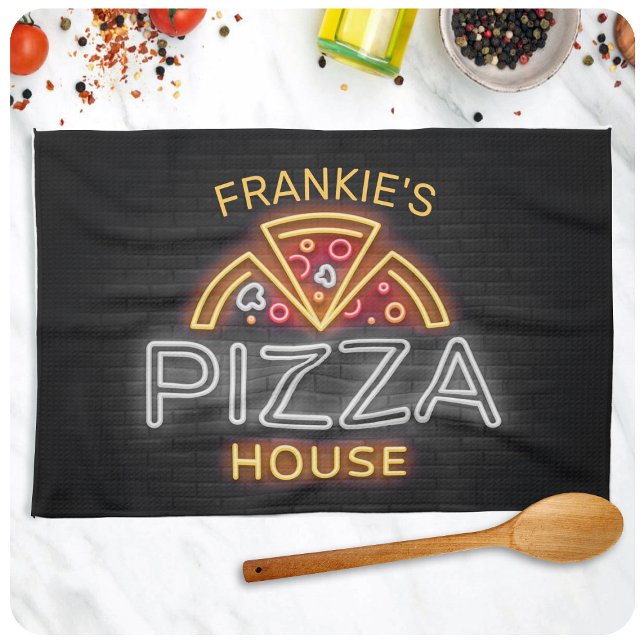 Custom NAME Neon Italian Pizzeria Pizza House Kitchen Towel (Creator Uploaded)