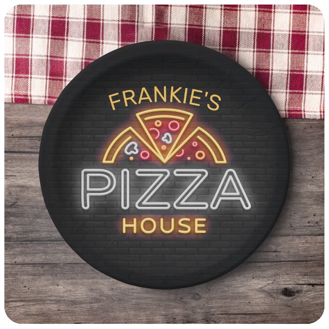 Custom NAME Neon Italian Pizzeria Pizza House Paper Plates (Creator Uploaded)