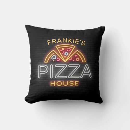 Custom NAME Neon Italian Pizzeria Pizza House Throw Pillow