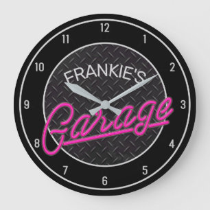 Custom NAME Neon Look Diamond Plate Garage Tools Large Clock