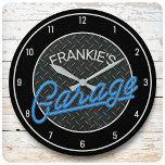 Custom NAME Neon Look Diamond Plate Garage Tools Large Clock<br><div class="desc">Custom NAME Neon Look Diamond Plate Garage Tools Large Clock</div>