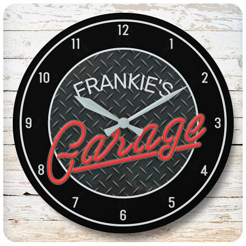 Custom NAME Neon Look Diamond Plate Garage Tools Large Clock