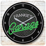 Custom NAME Neon Look Diamond Plate Garage Tools Large Clock<br><div class="desc">Custom NAME Neon Look Diamond Plate Garage Tools Large Clock</div>
