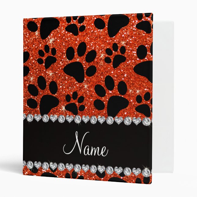 Custom name neon orange glitter black dog paws 3 ring binder (Front/Inside)