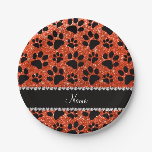 Custom name neon orange glitter black dog paws paper plates