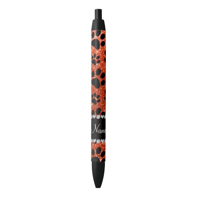 Custom name neon orange glitter black dog paws pen (Front Vertical)