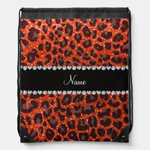 Custom name neon orange glitter leopard print drawstring bag