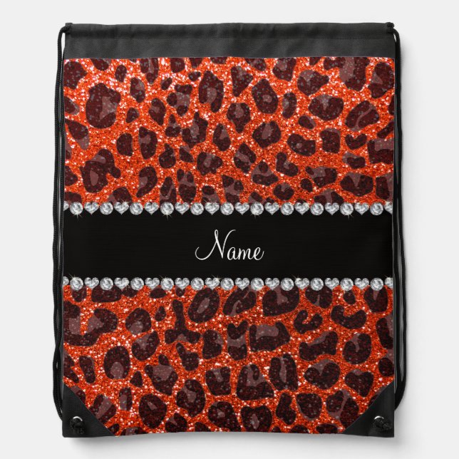Custom name neon orange glitter leopard print drawstring bag (Front)