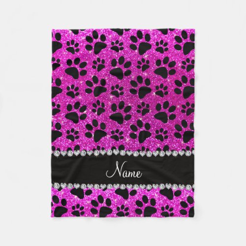 Custom name neon pink glitter black dog paws fleece blanket