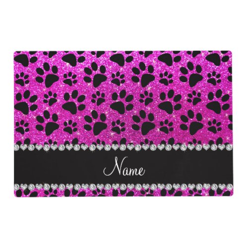 Custom name neon pink glitter black dog paws placemat