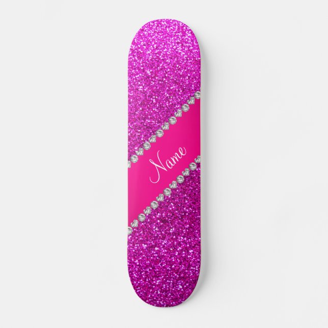 Custom name neon pink glitter hot pink stripe skateboard deck (Front)