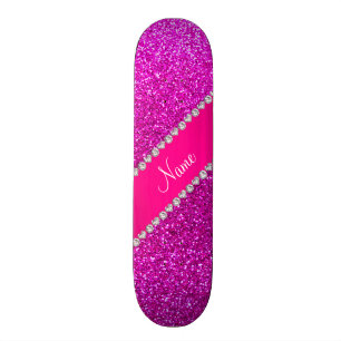 Custom name neon pink glitter hot pink stripe skateboard deck