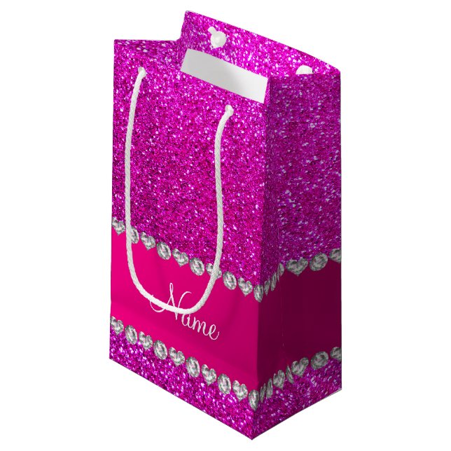 Custom name neon pink glitter hot pink stripe small gift bag (Front Angled)