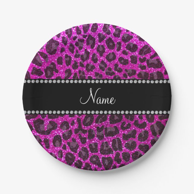 Custom name neon pink glitter leopard print paper plates (Front)