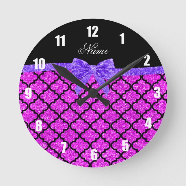 Custom name neon pink glitter moroccan purple bow round clock (Front)