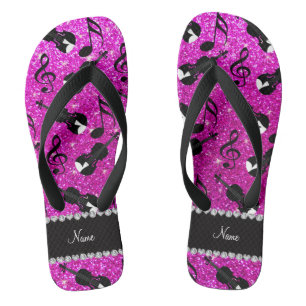 Custom name neon pink glitter violins music notes flip flops