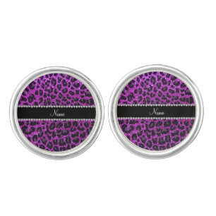 Custom name neon purple glitter leopard print cufflinks