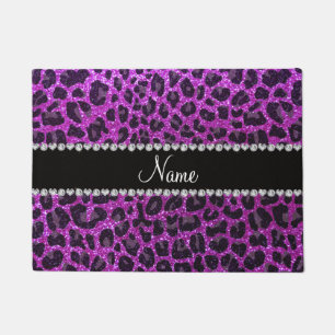 Custom name neon purple glitter leopard print doormat
