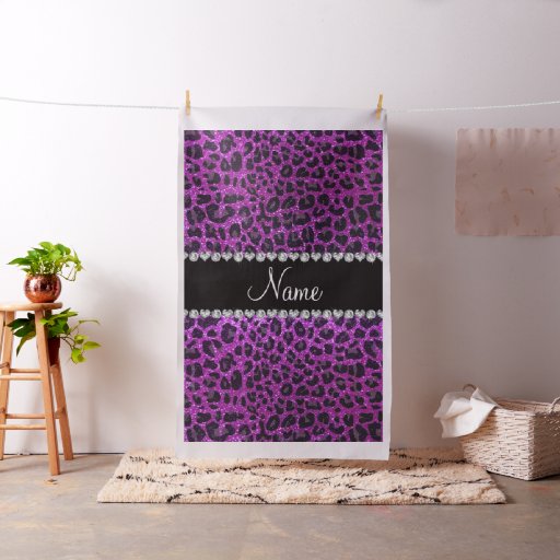 Custom name neon purple glitter leopard print fabric