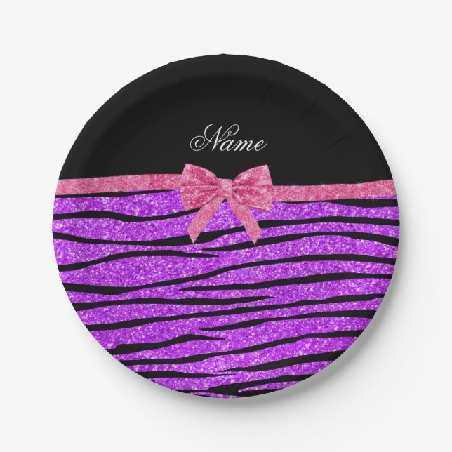 Custom name neon purple glitter zebra stripes bow paper plates (Front)