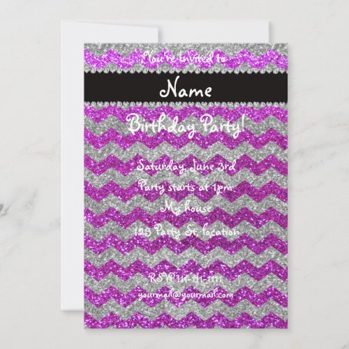 Custom name neon purple silver glitter chevrons custom invite