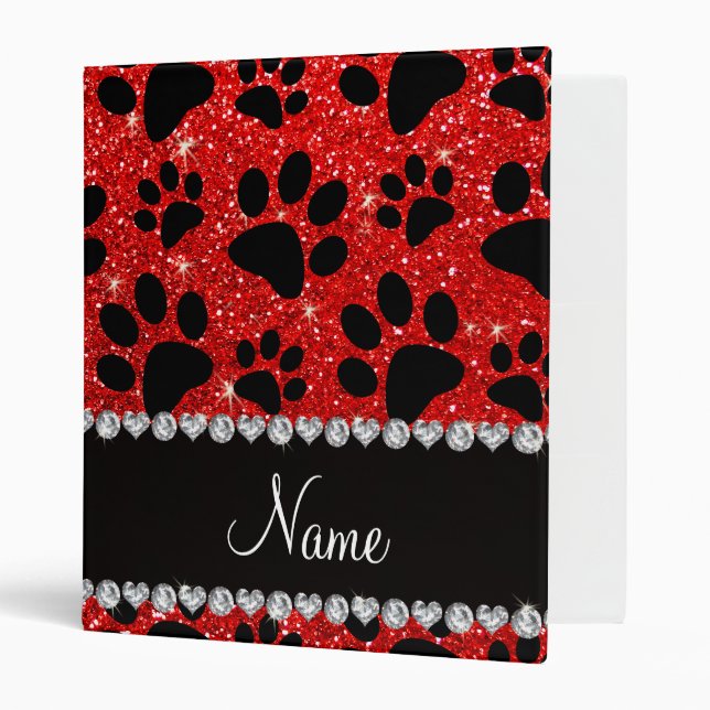 Custom name neon red glitter black dog paws 3 ring binder (Front/Inside)
