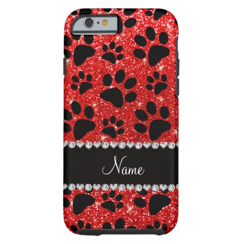 Custom name neon red glitter black dog paws tough iPhone 6 case