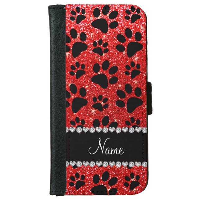 Custom name neon red glitter black dog paws iPhone wallet case (Front)